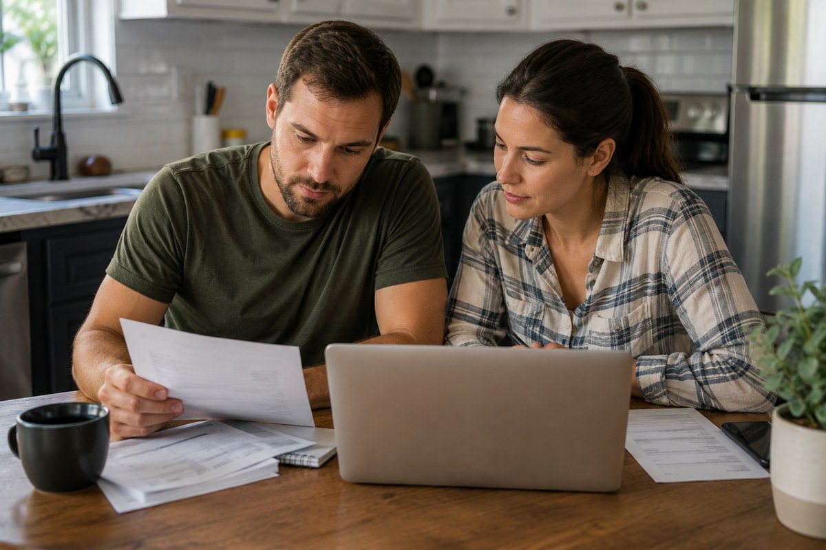 A couple reviewing paperwork together at their kitchen table at home