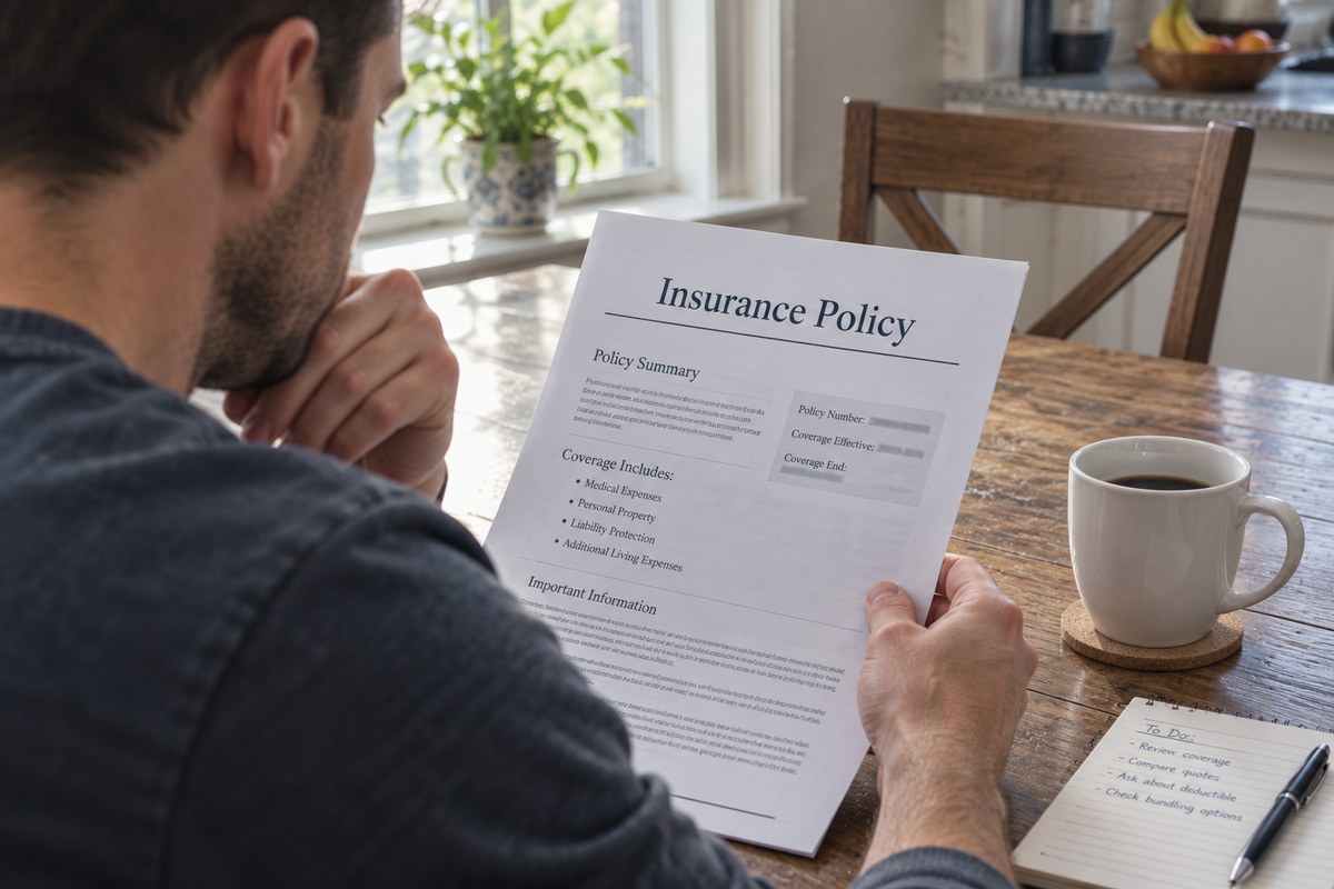 A person reviewing a printed insurance policy document at a kitchen table