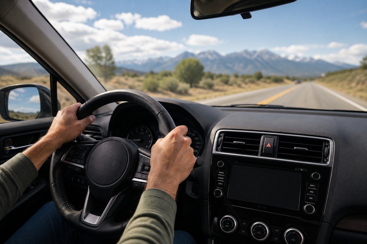 Close-up of a driver's hands on the steering wheel, focused on the road ahead
