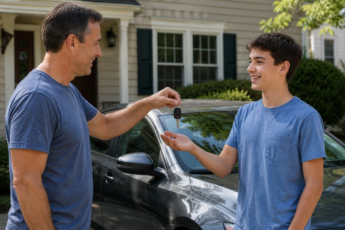 A parent handing car keys to a teenage driver in a driveway